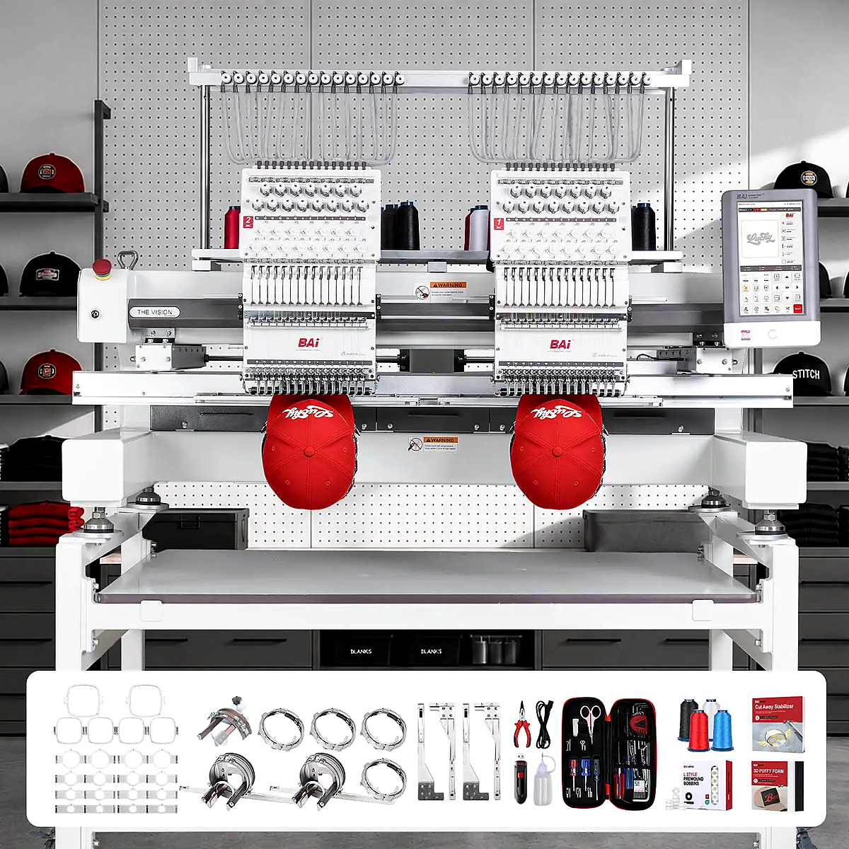BAi® The Vision 2-Head Commercial Embroidery Machine  Powerful Assistant for Business Growth  15 Needles ·