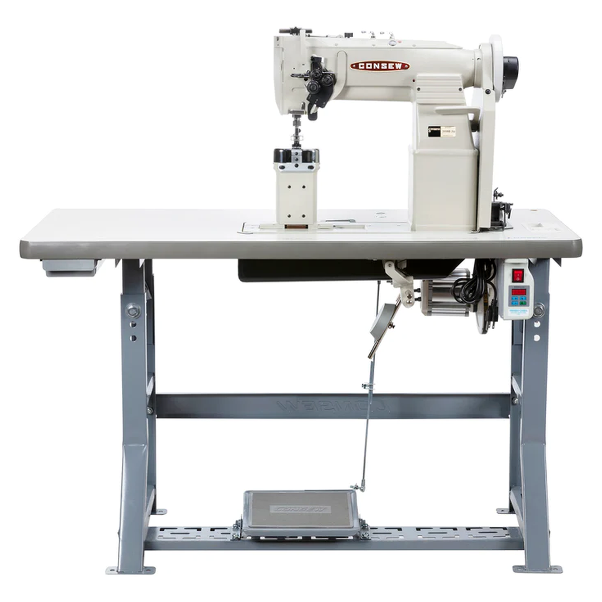 CONSEW® 369RB-2 Heavy-Duty Double-Needle Post-Bed Walking Foot Industrial Sewing Machine – Complete with Table & Stand