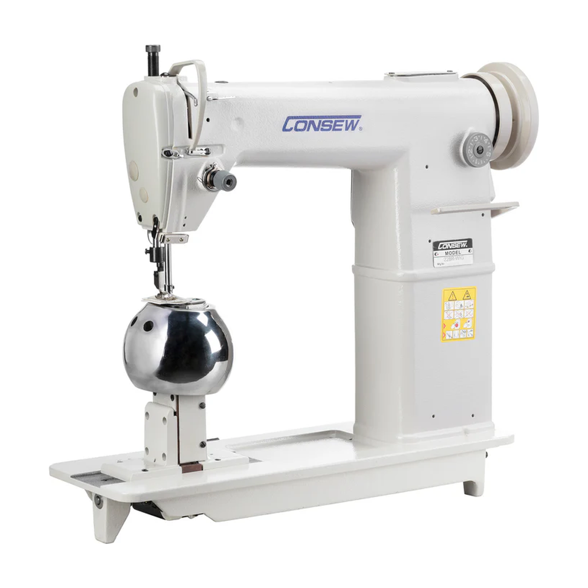 CONSEW® 228R-WIG Post Bed Single Needle Drop Feed Industrial Lockstitch Sewing Machine for Spherical Sewing Applications – Complete with Table & Stand