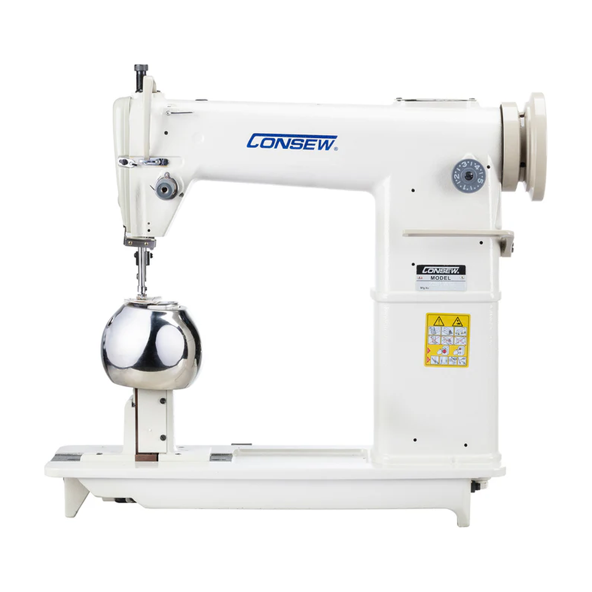 CONSEW® 228R-WIG Post Bed Single Needle Drop Feed Industrial Lockstitch Sewing Machine for Spherical Sewing Applications – Complete with Table & Stand