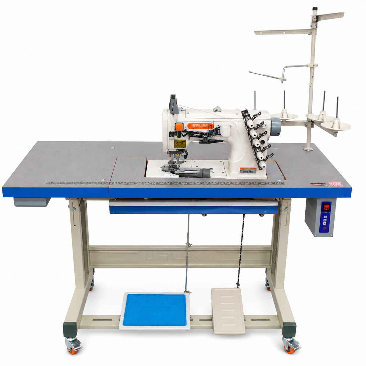 Machine  SIRUBA® F007K-W222-356/FQ 3-Needle Flatbed Coverstitch Industrial Sewing Machine with Binding Device – Complete with Table & Stand