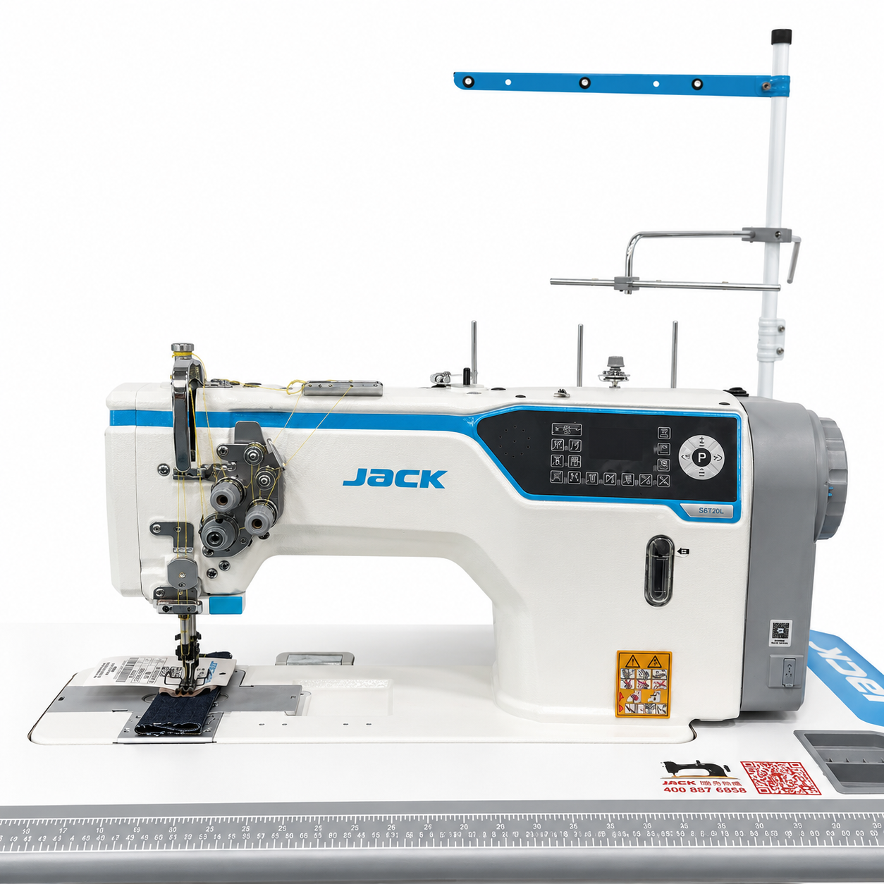 JACK® JK-58720J-A-105 Direct Drive Computerized Heavy-Duty Double Needle Lockstitch Sewing Machine with Large Hook – Complete with Table & Stand