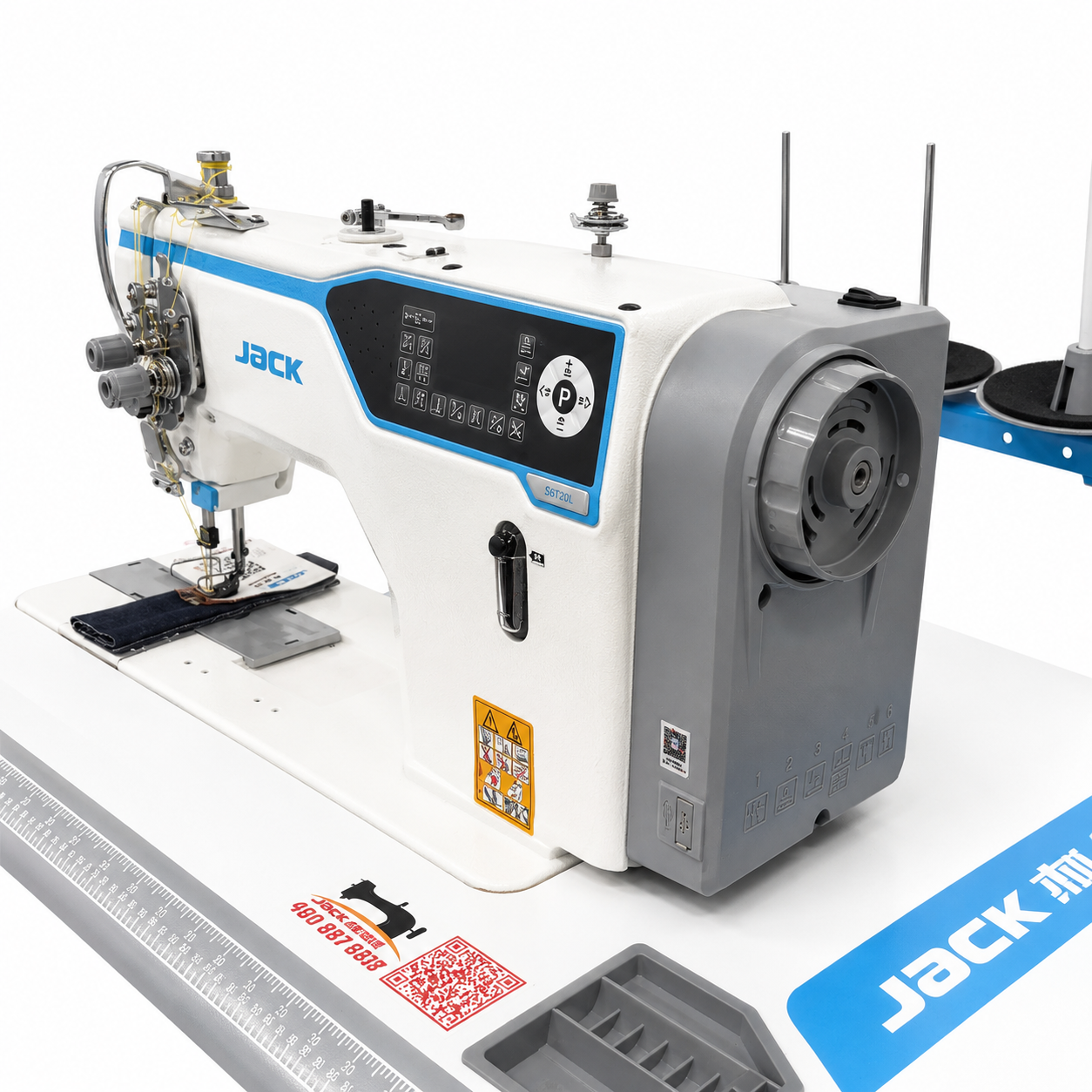 JACK® JK-58720J-A-105 Direct Drive Computerized Heavy-Duty Double Needle Lockstitch Sewing Machine with Large Hook – Complete with Table & Stand