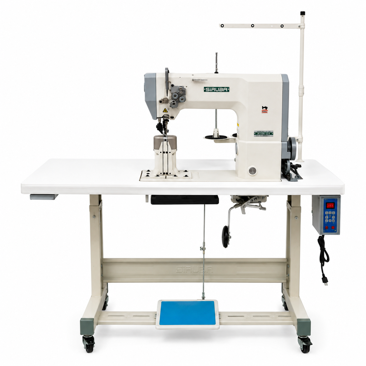 SIRUBA® R728K-224 High-Speed Double Needle Post-Bed Industrial Lockstitch Sewing Machine – Complete with Table & Stand