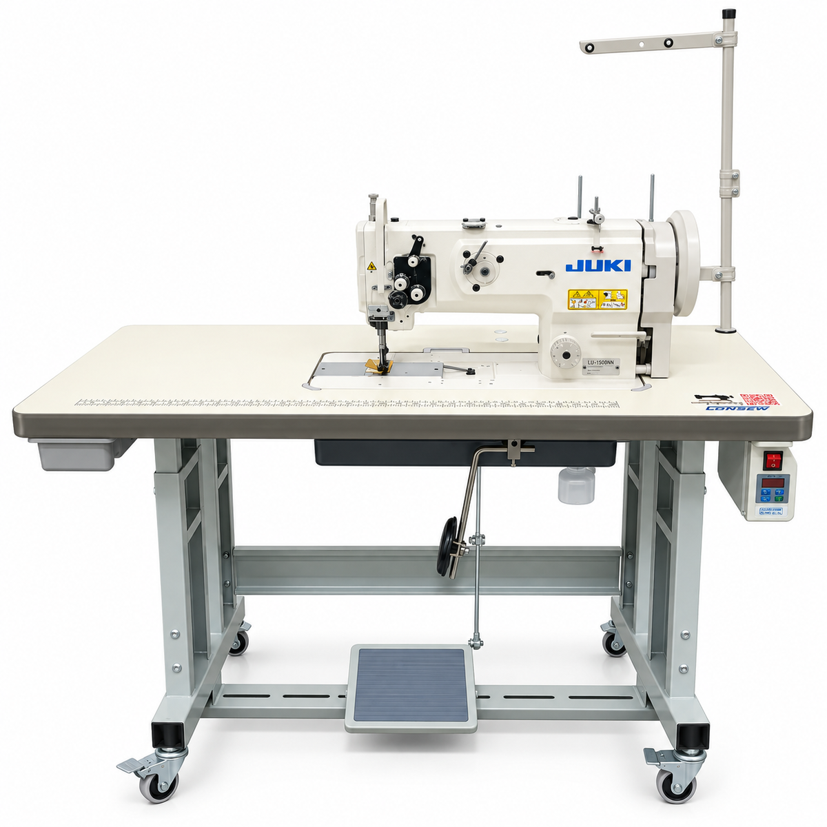 JUKI® LU-1508NS – Single Needle Unison Feed Walking Foot Lockstitch Machine for Heavy Materials with Vertical-Axis Double-Capacity Hook, 9mm Stitch Length & 16mm Foot Lift – Complete Setup, Table & Stand Included