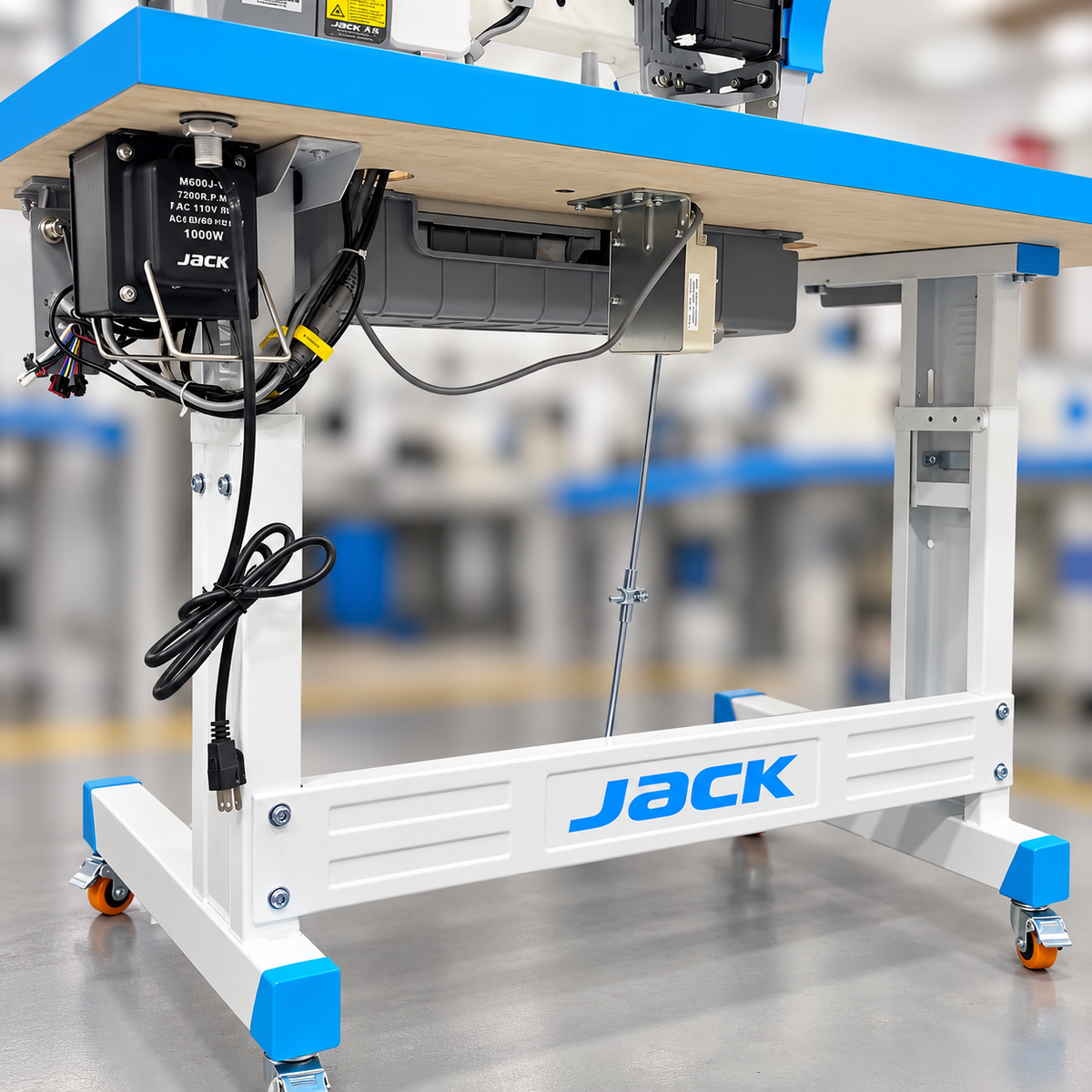 JACK® A6F-E-Q-PK Single Needle Needle Feed Lockstitch Sewing Machine with Integrated Puller – Complete with Table & Stand