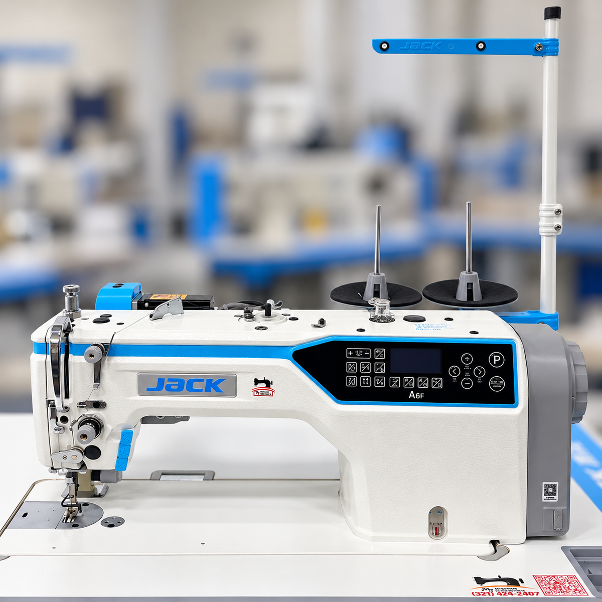 JACK® A6F-E-Q-PK Single Needle Needle Feed Lockstitch Sewing Machine with Integrated Puller – Complete with Table & Stand