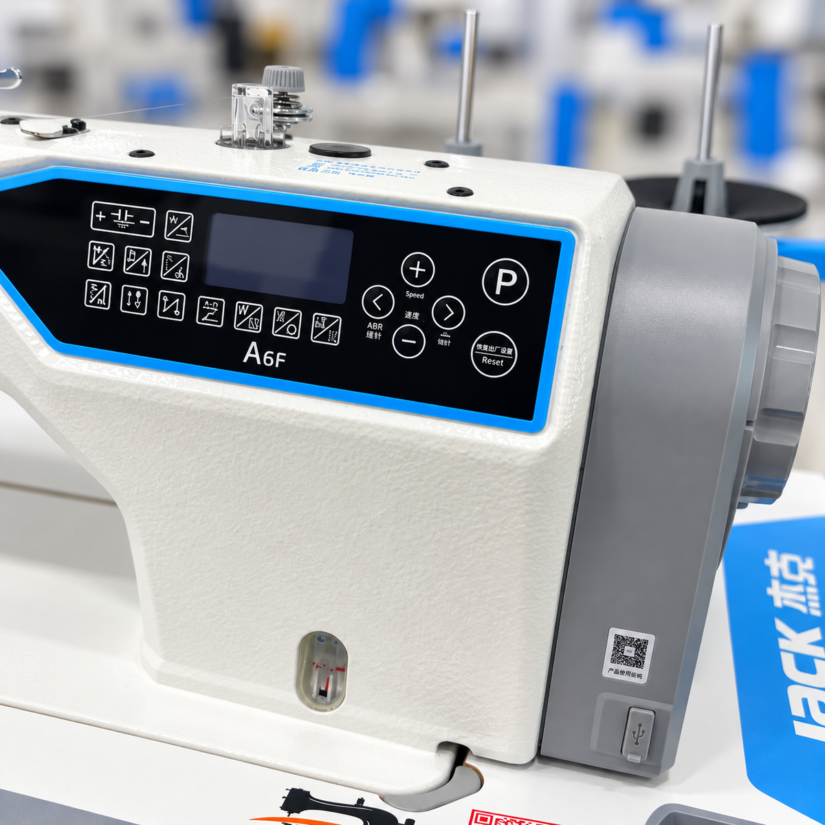 JACK® A6F-E-Q-PK Single Needle Needle Feed Lockstitch Sewing Machine with Integrated Puller – Complete with Table & Stand
