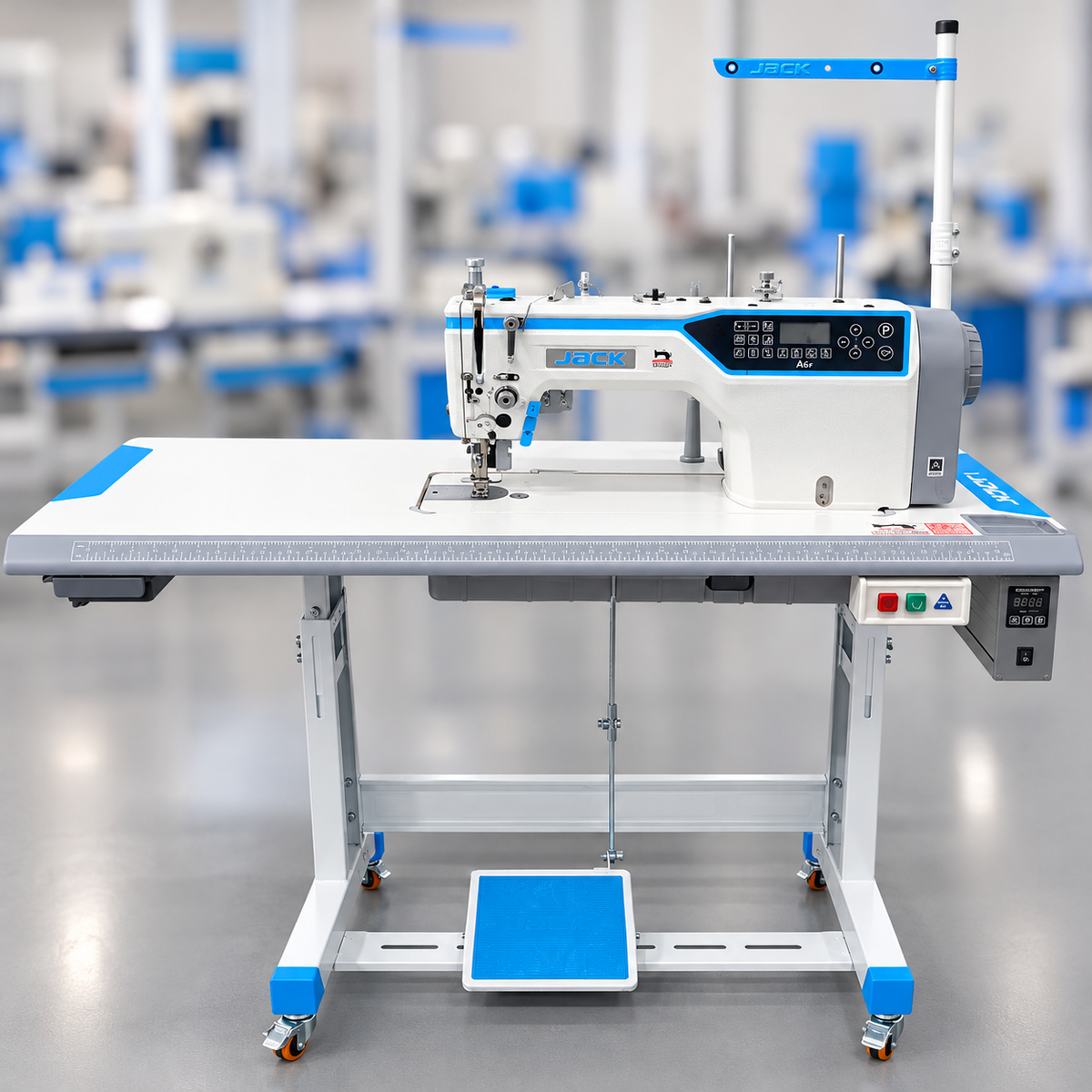 JACK® A6F-E-Q-PK Single Needle Needle Feed Lockstitch Sewing Machine with Integrated Puller – Complete with Table & Stand