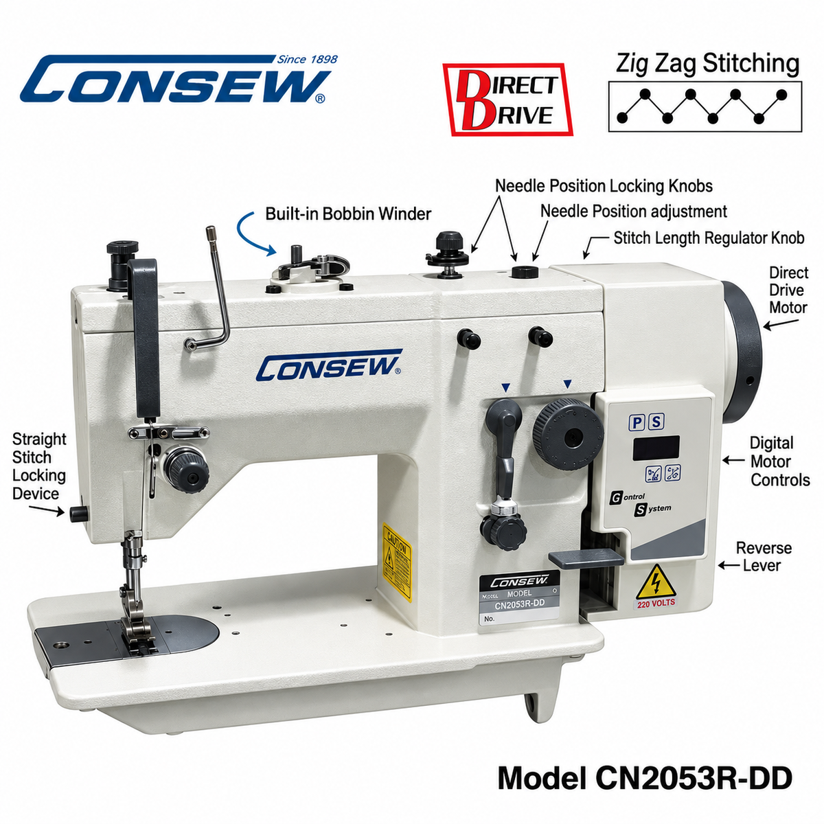 CONSEW® CN2053R-DD Single Needle Drop Feed Zigzag Industrial Lockstitch Sewing Machine – Complete with Table & Stand
