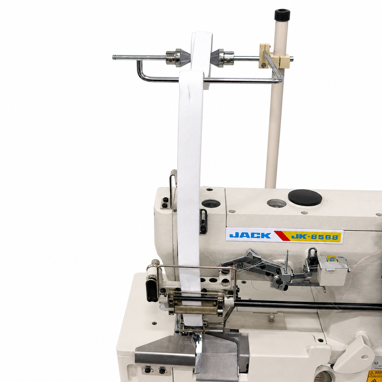 JACK® JK-8568-05GBX356 - 3-Needle 5-Thread Flatbed Interlock Sewing Machine with Elastic Attaching &amp; Edge Trimming