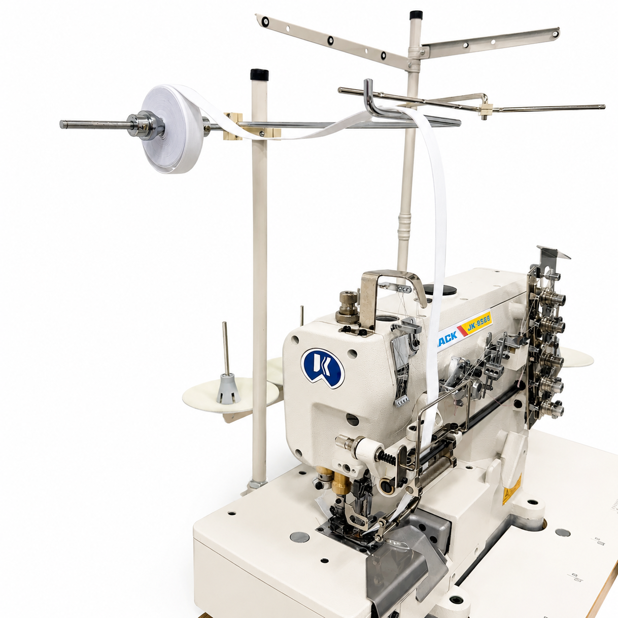 JACK® JK-8568-05GBX356 - 3-Needle 5-Thread Flatbed Interlock Sewing Machine with Elastic Attaching &amp; Edge Trimming