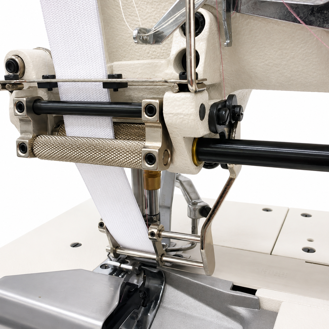 JACK® JK-8568-05GBX356 - 3-Needle 5-Thread Flatbed Interlock Sewing Machine with Elastic Attaching &amp; Edge Trimming