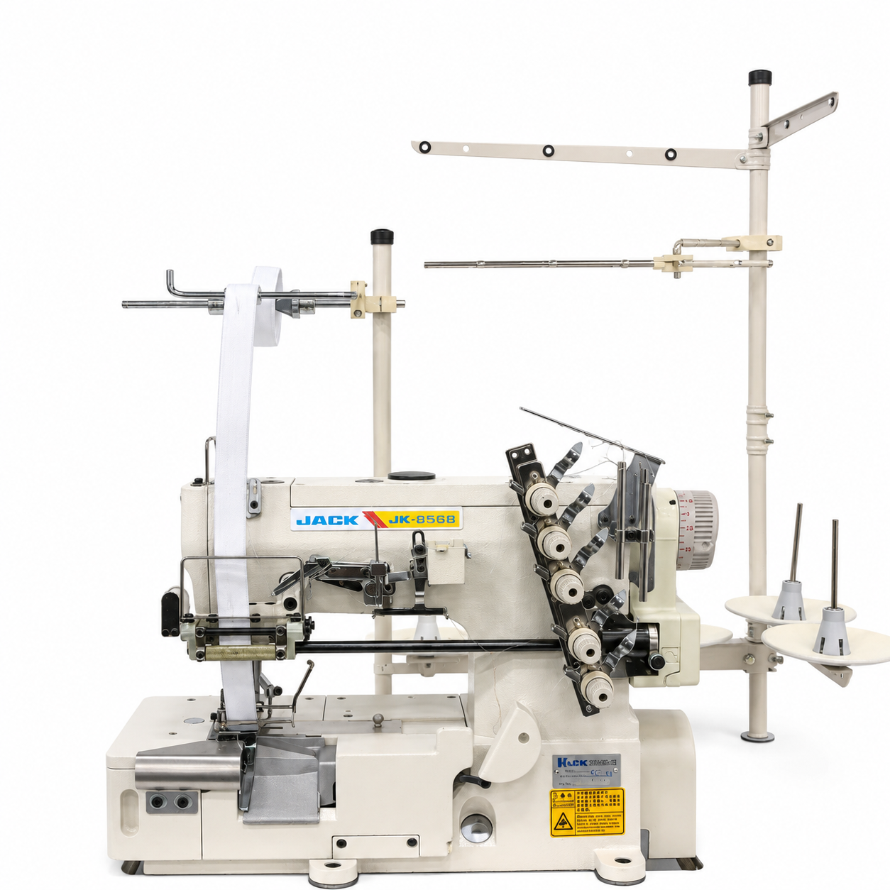 JACK® JK-8568-05GBX356 - 3-Needle 5-Thread Flatbed Interlock Sewing Machine with Elastic Attaching &amp; Edge Trimming
