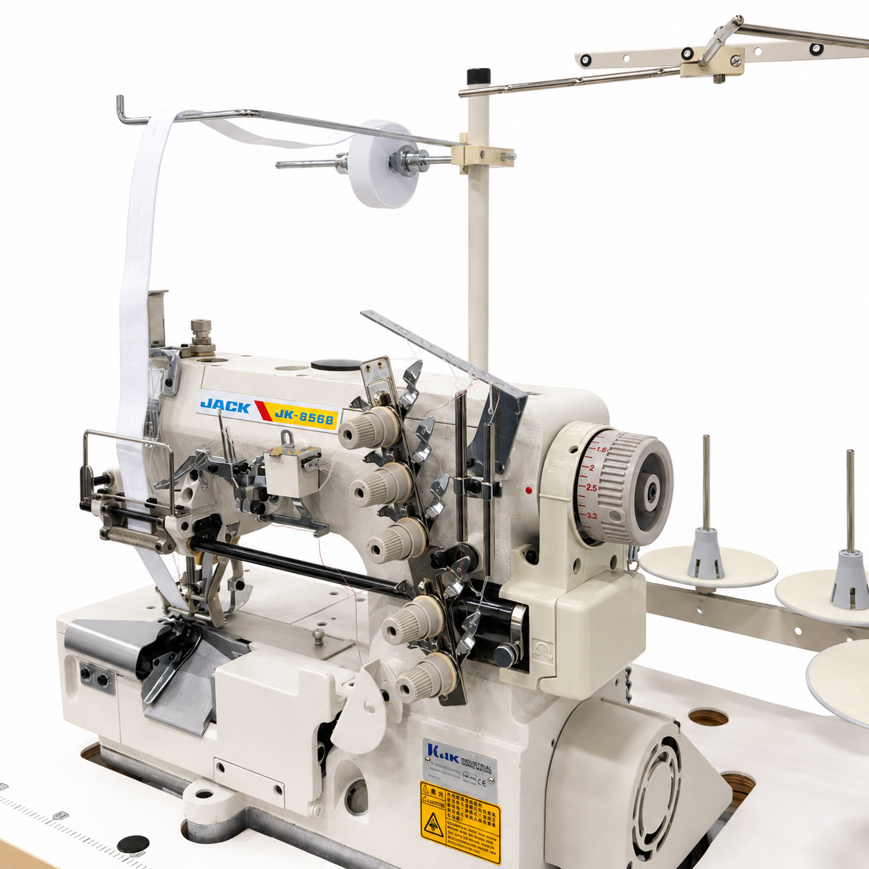 JACK® JK-8568-05GBX356 - 3-Needle 5-Thread Flatbed Interlock Sewing Machine with Elastic Attaching &amp; Edge Trimming