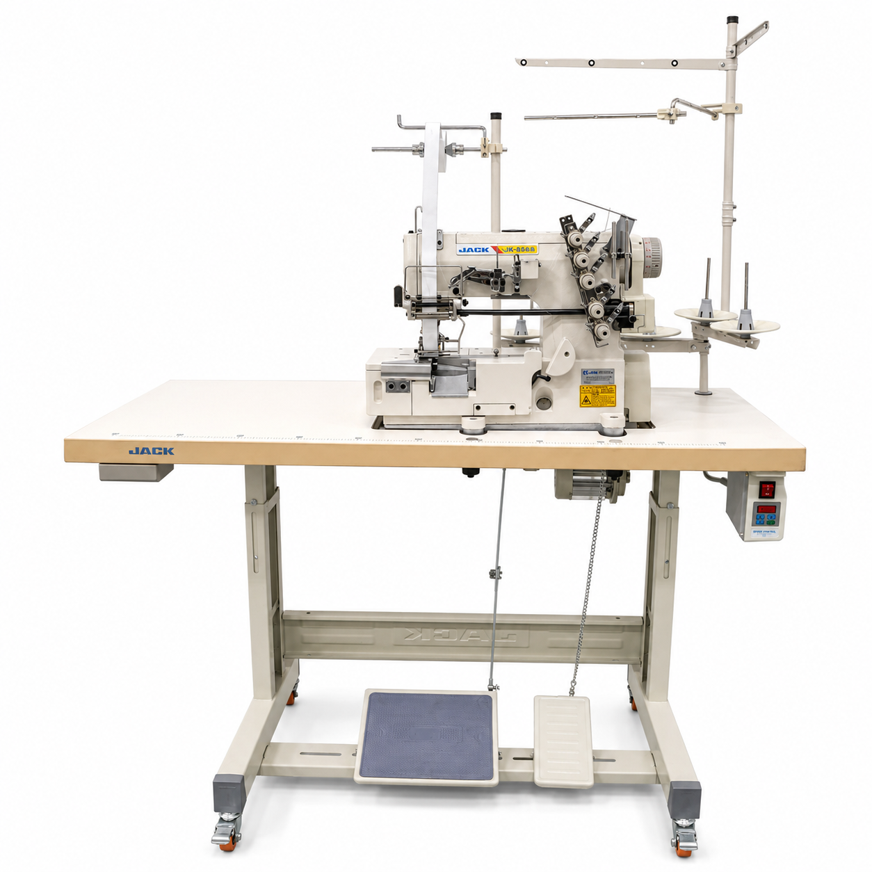 JACK® JK-8568-05GBX356 - 3-Needle 5-Thread Flatbed Interlock Sewing Machine with Elastic Attaching &amp; Edge Trimming