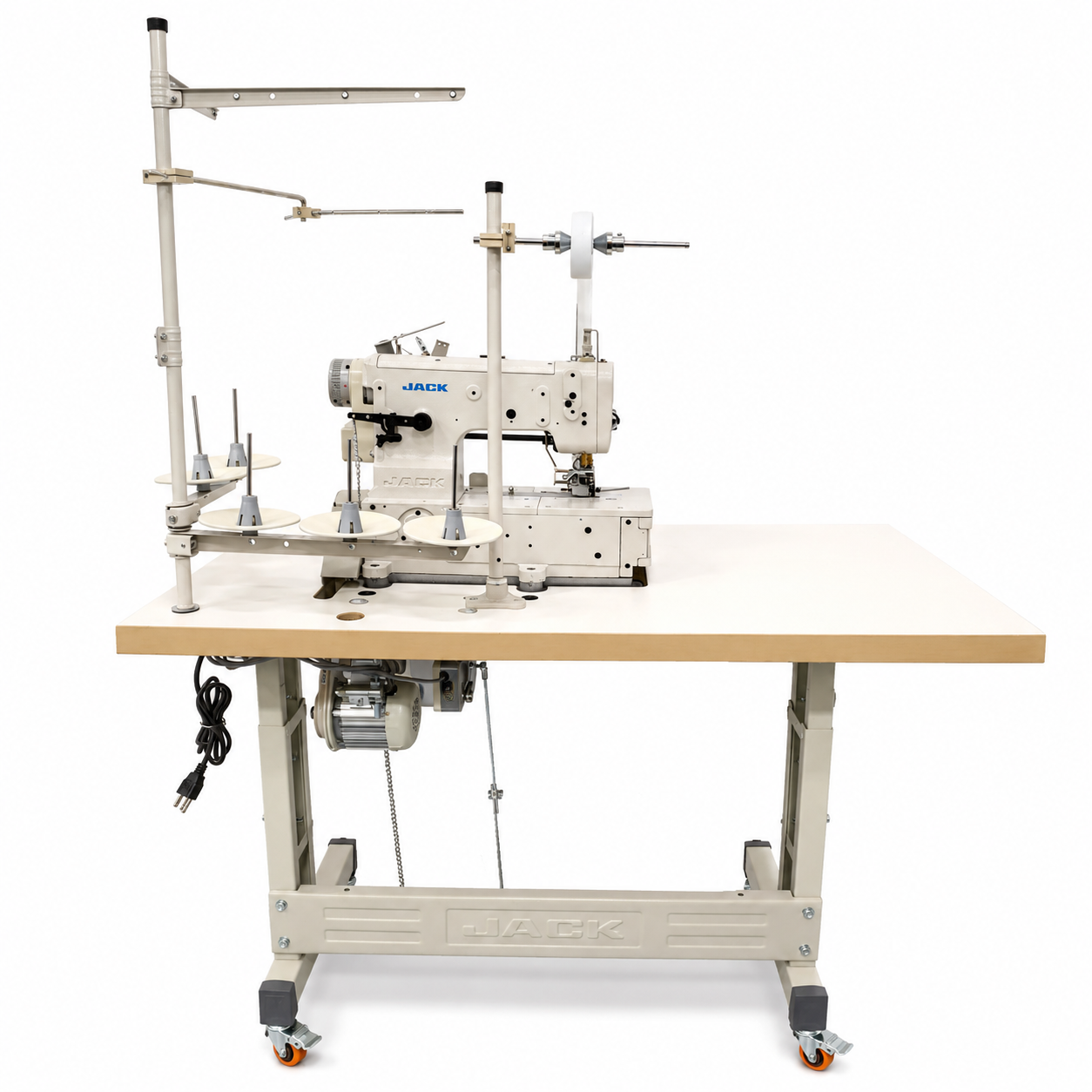 JACK® JK-8568-05GBX356 - 3-Needle 5-Thread Flatbed Interlock Sewing Machine with Elastic Attaching &amp; Edge Trimming