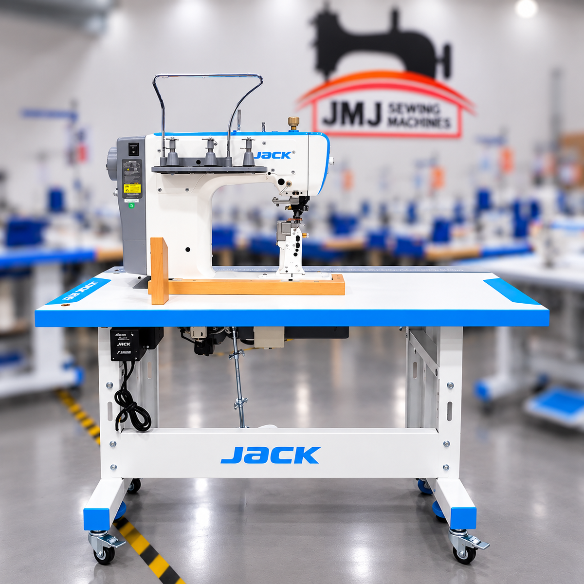 JACK® JK-S5-91C Automatic Post-Bed Industrial Sewing Machine with Synchronized Roller Foot – Complete with Table & Stand