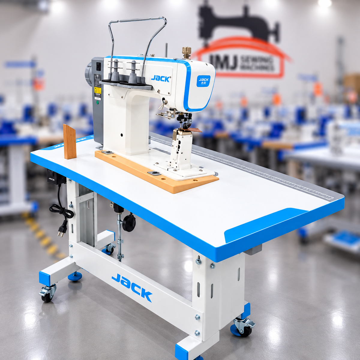 JACK® JK-S5-91C Automatic Post-Bed Industrial Sewing Machine with Synchronized Roller Foot – Complete with Table & Stand