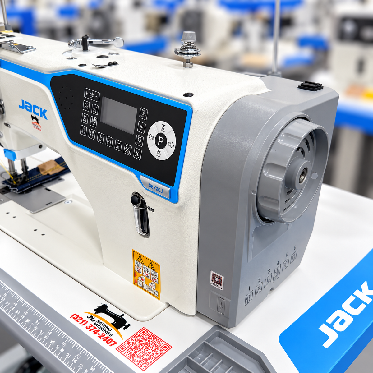 JACK® JK-58720J-A-105 Direct Drive Computerized Heavy-Duty Double Needle Lockstitch Sewing Machine with Large Hook – Complete with Table & Stand