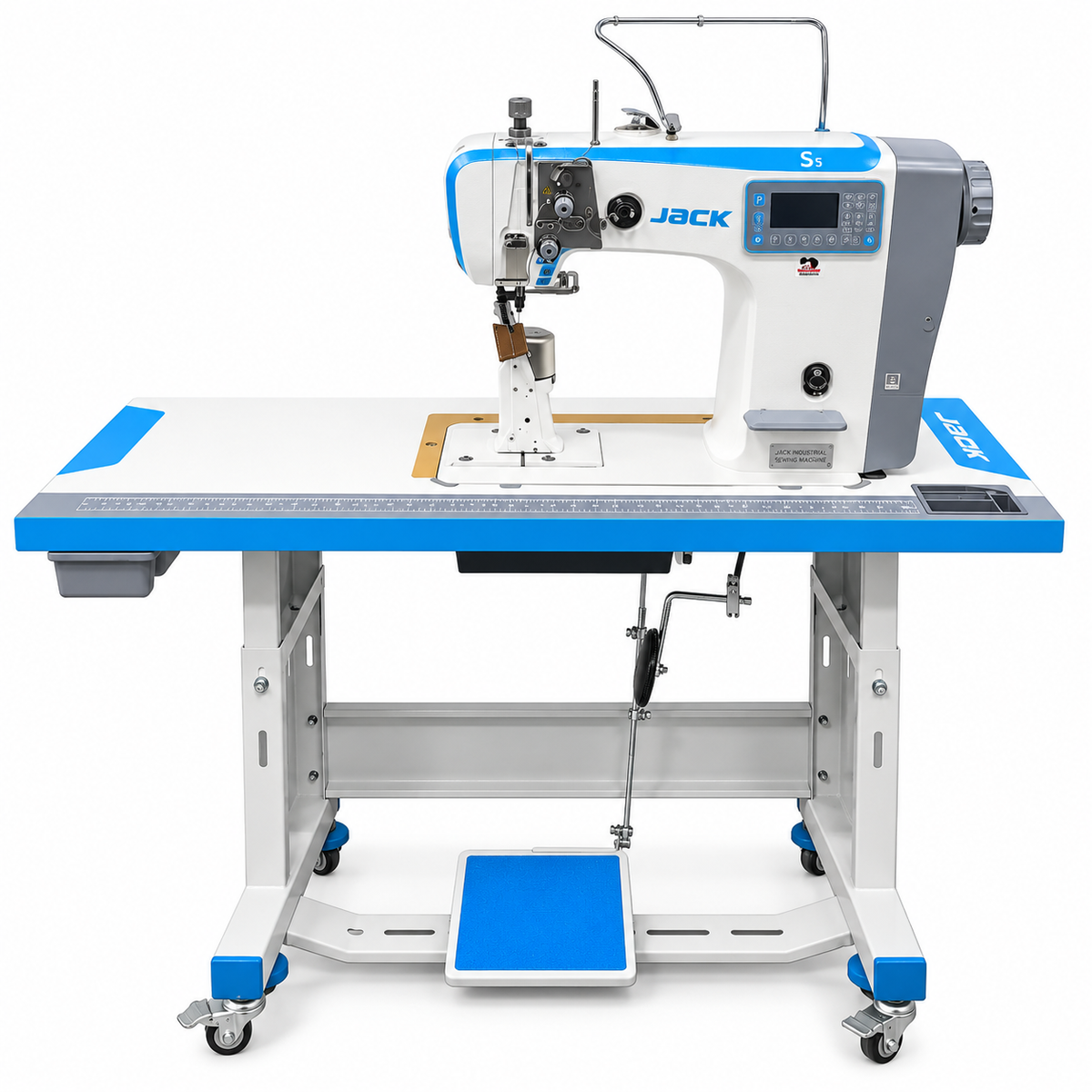JACK® JK-S5-91C Automatic Post-Bed Industrial Sewing Machine with Synchronized Roller Foot – Complete with Table & Stand