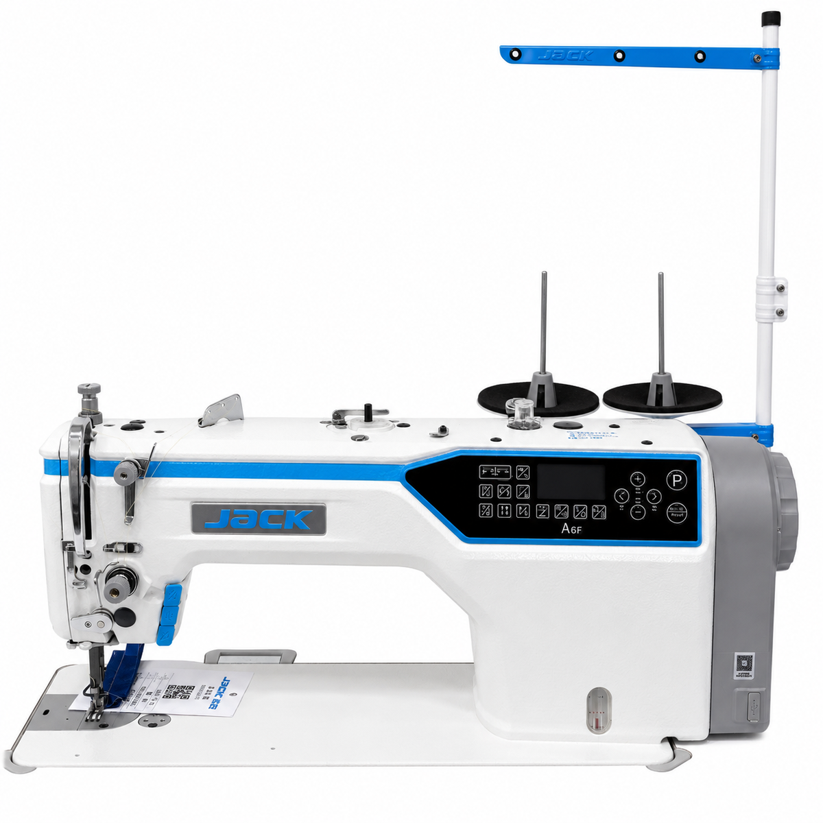 JACK® A6F-E-Q-PK Single Needle Needle Feed Lockstitch Sewing Machine with Integrated Puller – Complete with Table & Stand