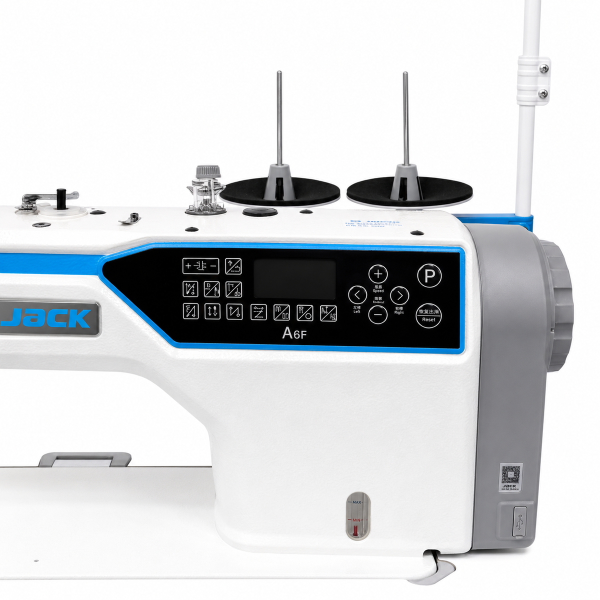 JACK® A6F-E-Q-PK Single Needle Needle Feed Lockstitch Sewing Machine with Integrated Puller – Complete with Table & Stand