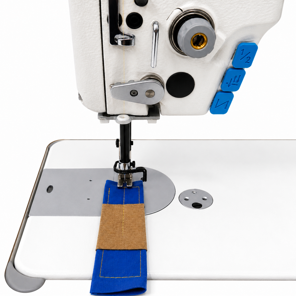 JACK® A6F-E-Q-PK Single Needle Needle Feed Lockstitch Sewing Machine with Integrated Puller – Complete with Table & Stand