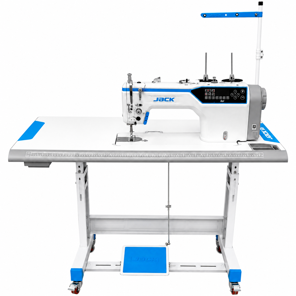 JACK® A6F-E-Q-PK Single Needle Needle Feed Lockstitch Sewing Machine with Integrated Puller – Complete with Table & Stand
