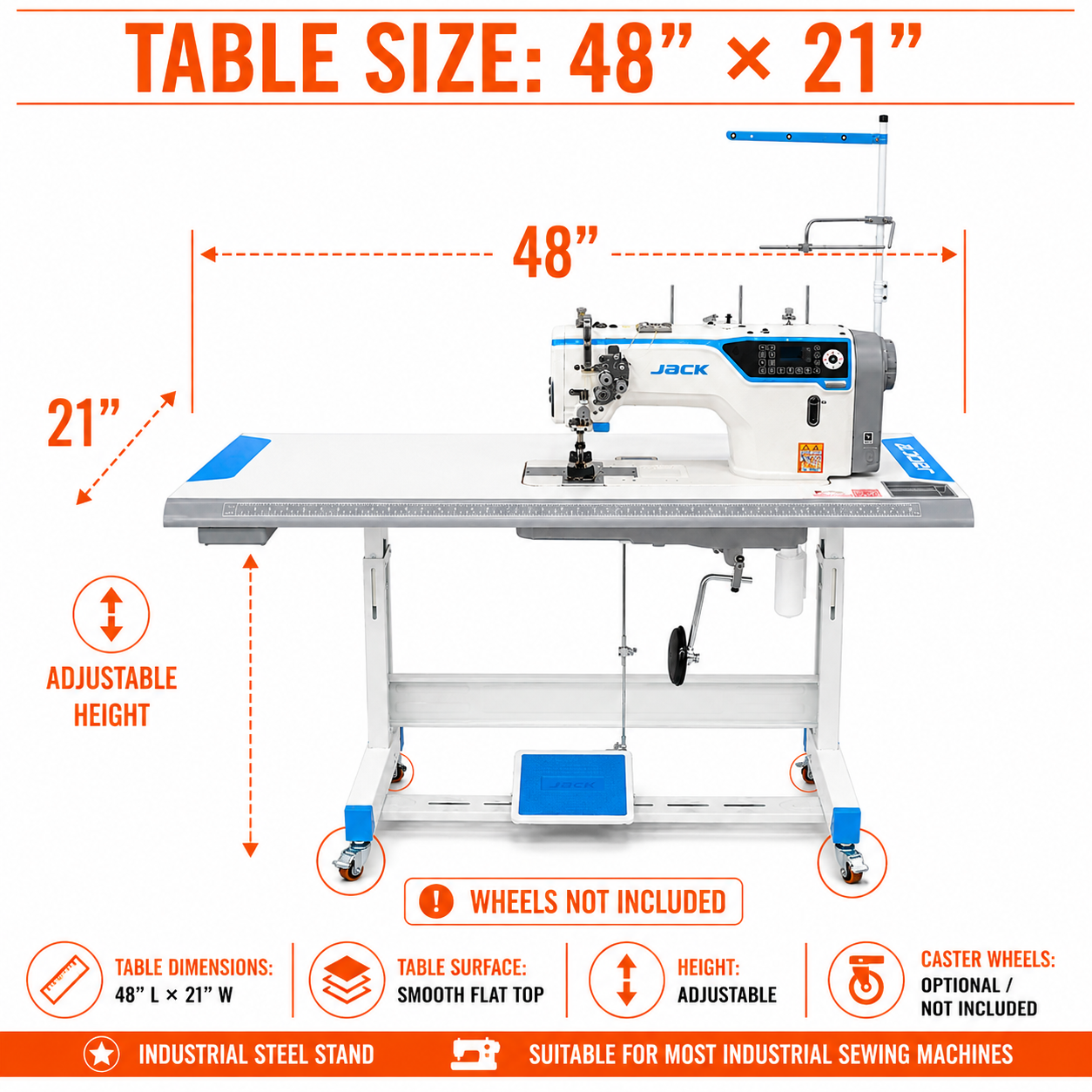JACK® JK-58720J-A-105 Direct Drive Computerized Heavy-Duty Double Needle Lockstitch Sewing Machine with Large Hook – Complete with Table & Stand