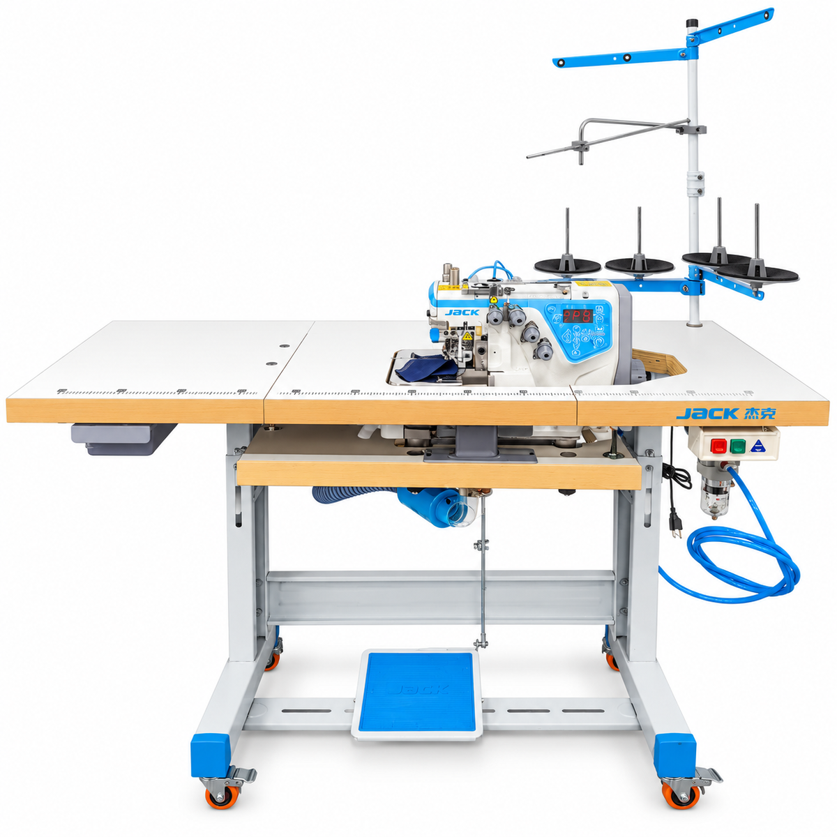 JACK® C5W-4-M03/333/KS High-Speed Automatic  Preneumatic  4-Thread Overlock Industrial Sewing Machine – Complete with Table & Stand