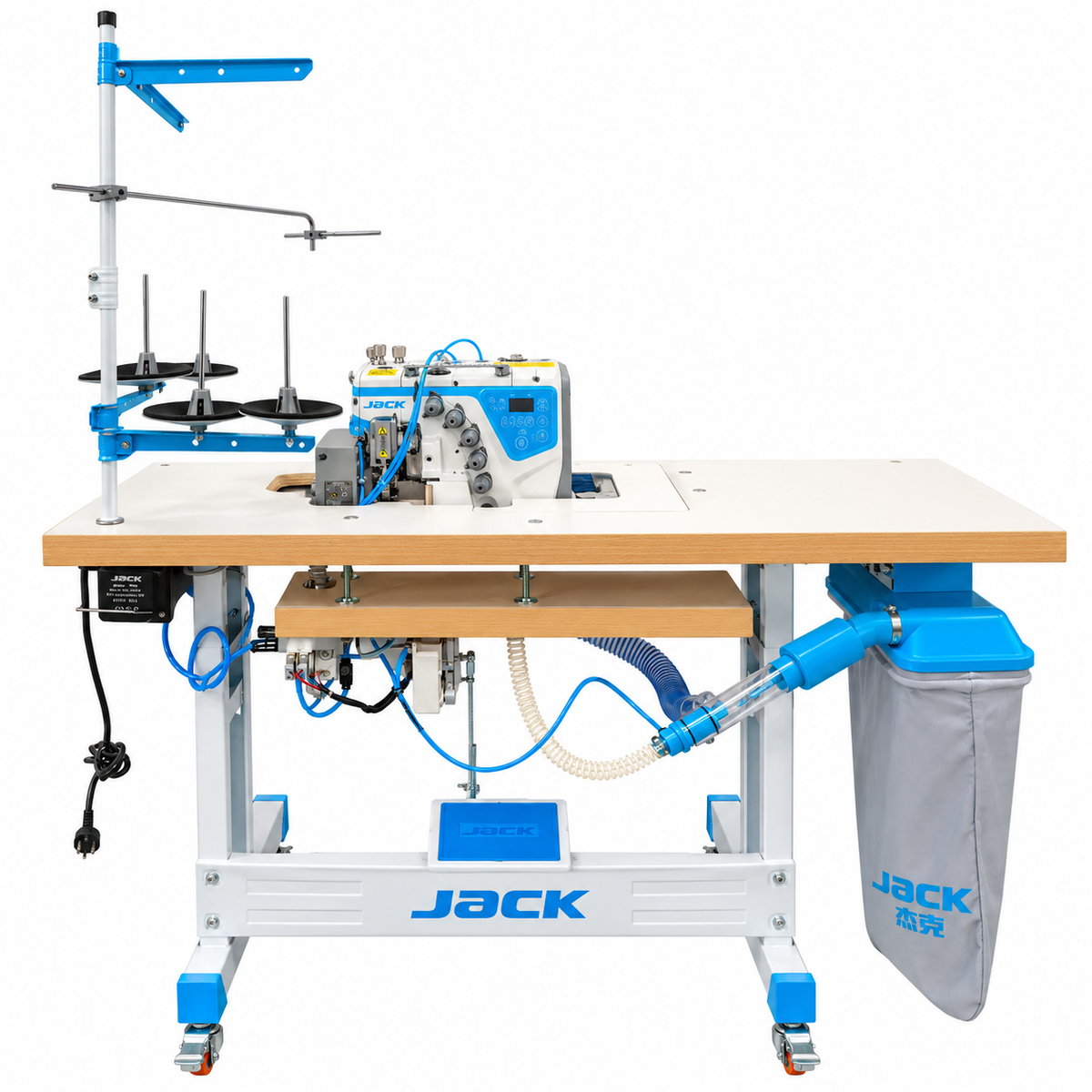 JACK® C5W-4-M03/333/KS High-Speed Automatic  Preneumatic  4-Thread Overlock Industrial Sewing Machine – Complete with Table & Stand