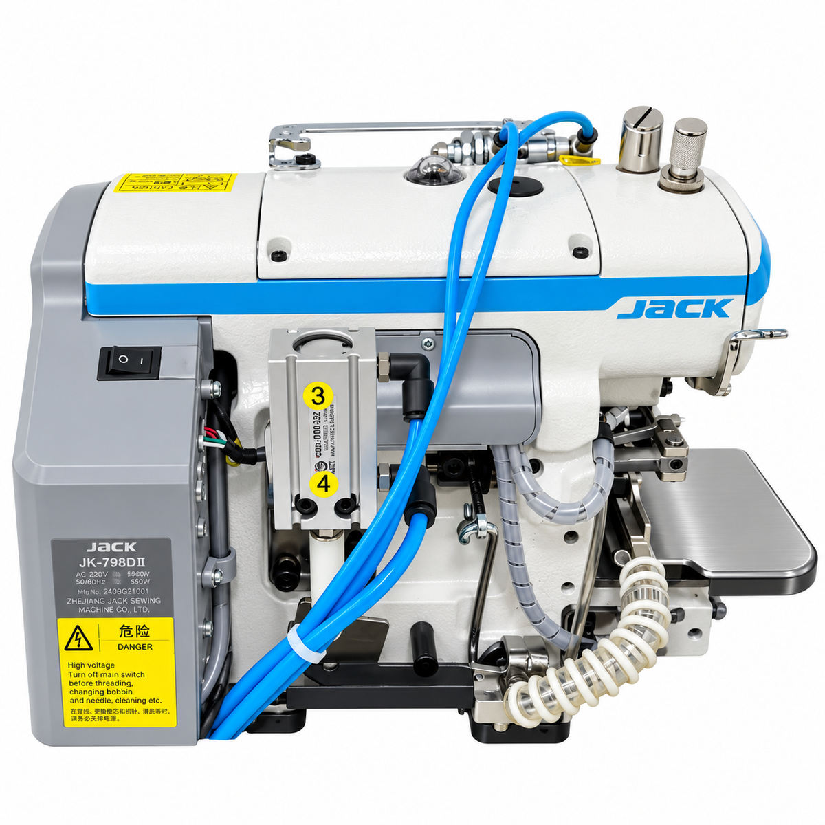 JACK® C5W-4-M03/333/KS High-Speed Automatic  Preneumatic  4-Thread Overlock Industrial Sewing Machine – Complete with Table & Stand