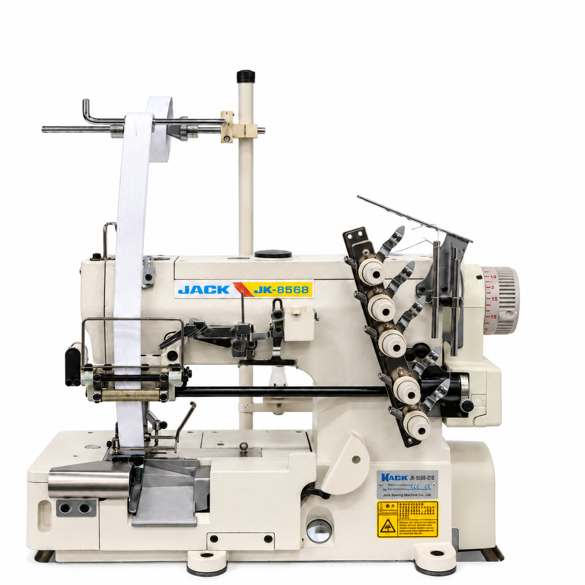 JACK® JK-8568-05GBX356 - 3-Needle 5-Thread Flatbed Interlock Sewing Machine with Elastic Attaching &amp; Edge Trimming