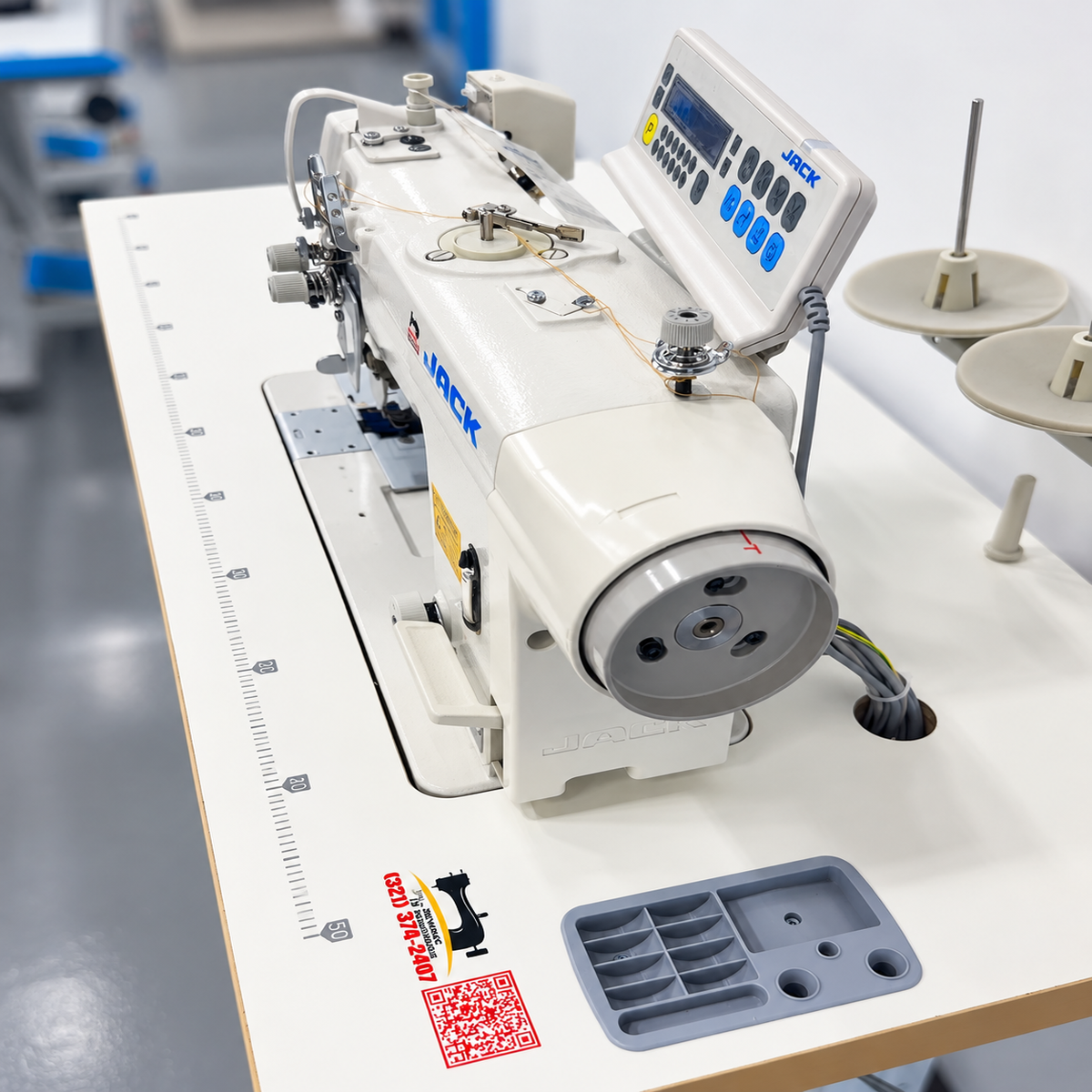 JACK® 58450G-005 High-Speed Computerized Double Needle Direct Drive Industrial Lockstitch Sewing Machine – Complete with Table & Stand