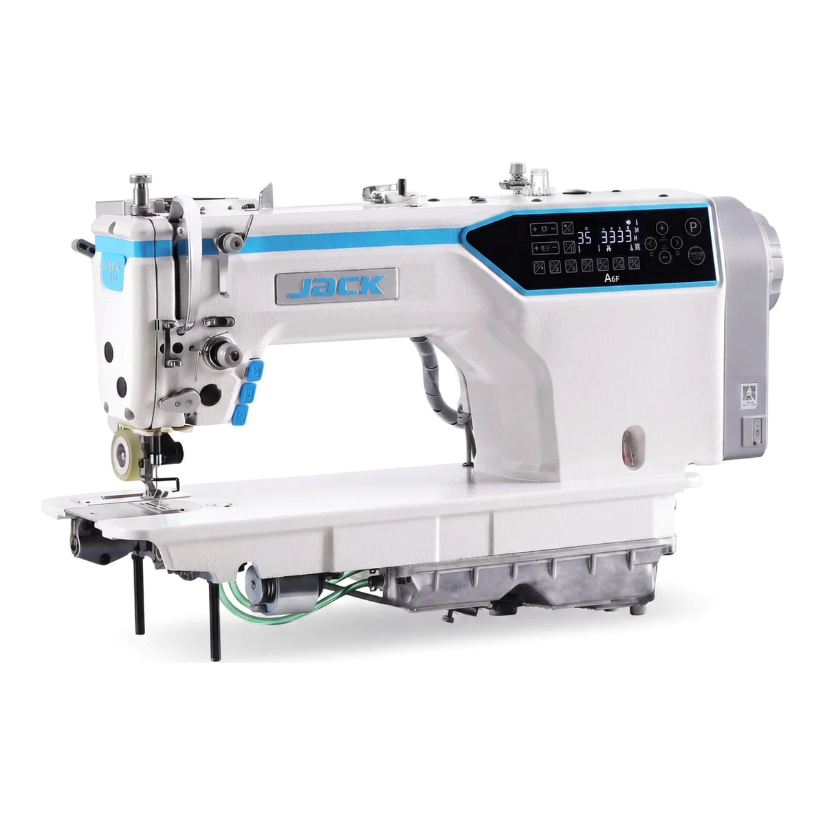 JACK® A6F-E-Q-PK Single Needle Needle Feed Lockstitch Sewing Machine with Integrated Puller – Complete with Table & Stand
