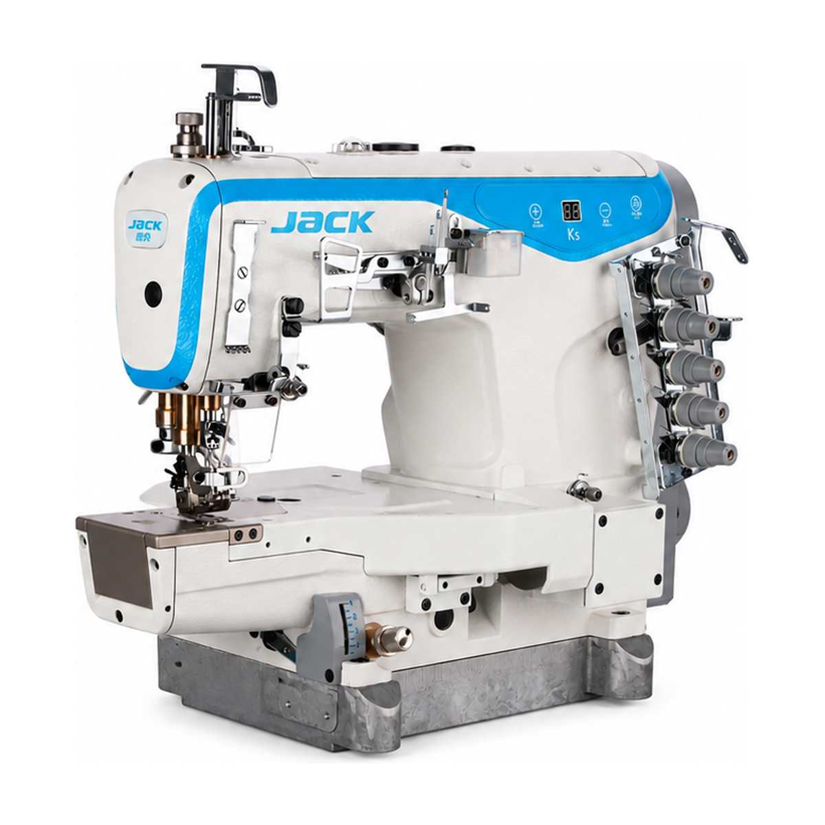 JACK® K5-D-01GBX364 3-Needle Cylinder Arm Coverstitch Industrial Sewing Machine – Complete with Table & Stand