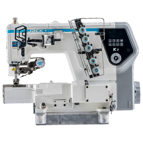 JACK® K7-UT-01GBX364 AI Smart Cylinder Bed Interlock Coverstitch Sewing Machine with Automatic Thread Trimmer & Presser Foot Lift – Complete with Table & Stand