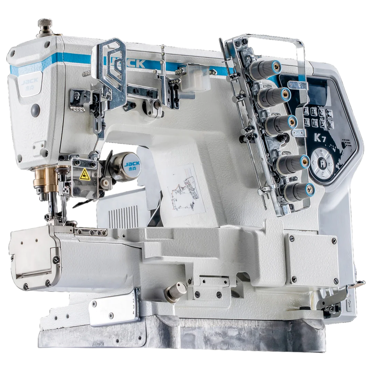 JACK® K7-UT-01GBX364 AI Smart Cylinder Bed Interlock Coverstitch Sewing Machine with Automatic Thread Trimmer & Presser Foot Lift – Complete with Table & Stand