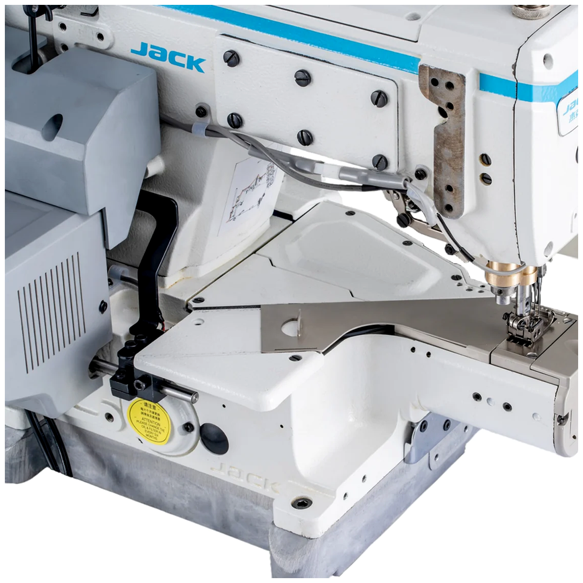 JACK® K7-UT-01GBX364 AI Smart Cylinder Bed Interlock Coverstitch Sewing Machine with Automatic Thread Trimmer & Presser Foot Lift – Complete with Table & Stand