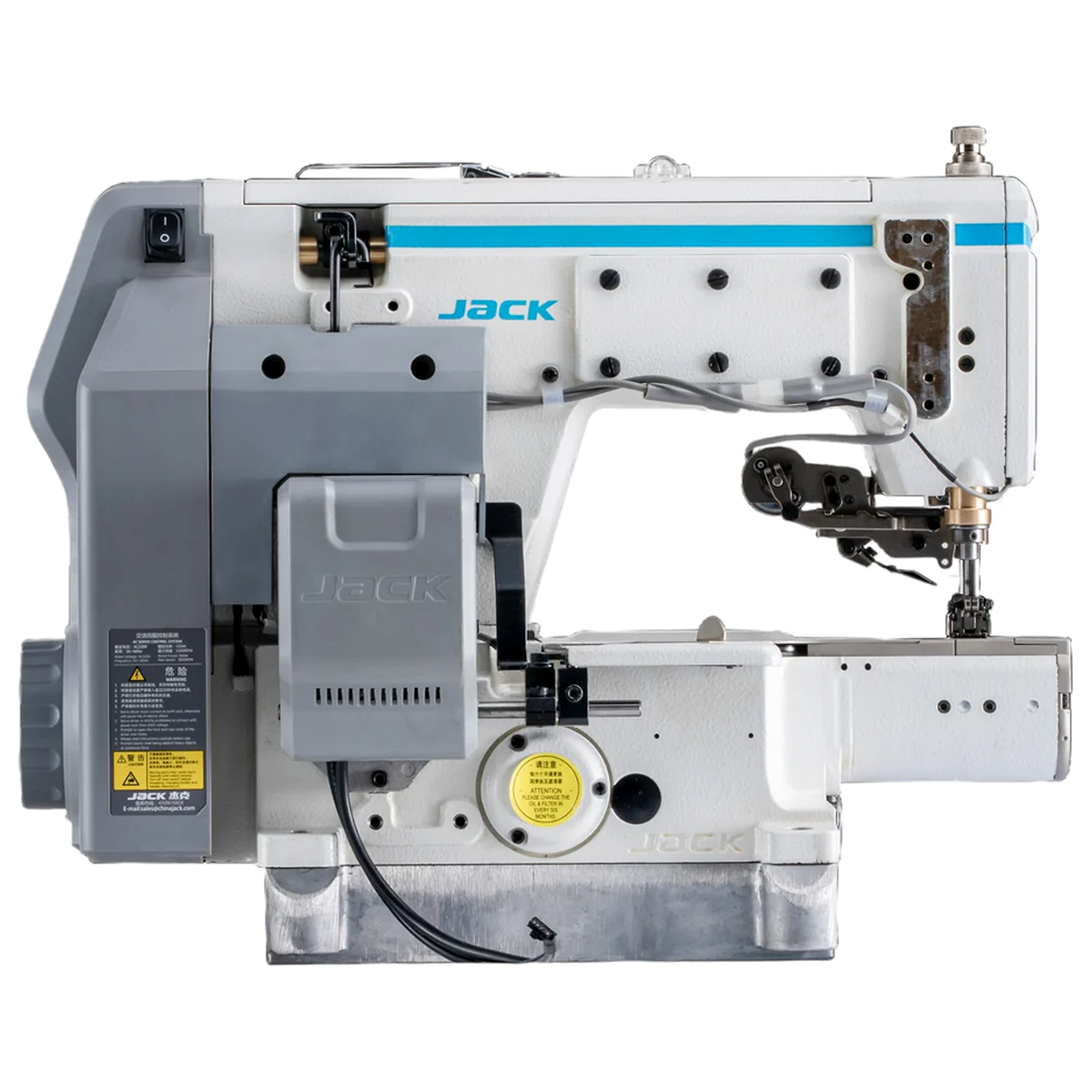 JACK® K7-UT-01GBX364 AI Smart Cylinder Bed Interlock Coverstitch Sewing Machine with Automatic Thread Trimmer & Presser Foot Lift – Complete with Table & Stand