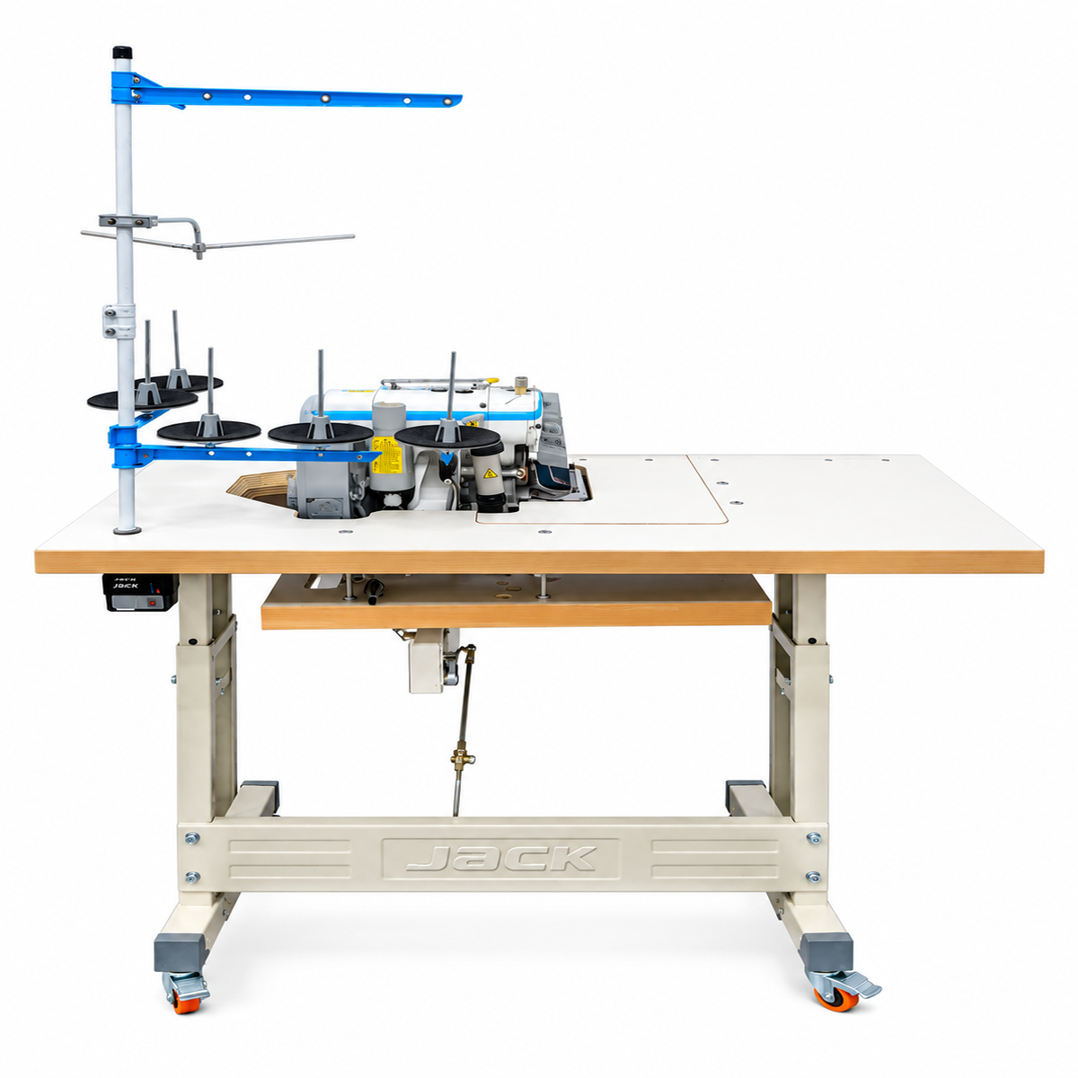 JACK® JK-C5S-5-M04/435/SD Computerized Direct Drive Double Needle 5-Thread Overlock Industrial Sewing Machine with Suction & Safety Stitch – Complete with Table & Stand