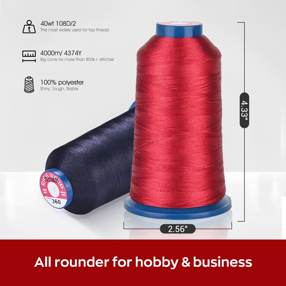 Richword® 108D/2 40wt Polyester Embroidery Thread - 4,000 m × 100 Colors.