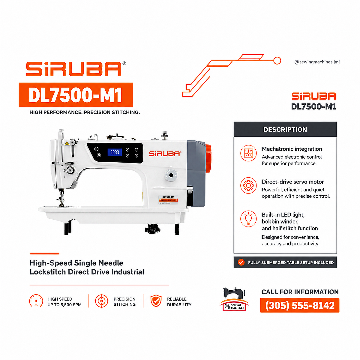 SIRUBA® DL720-M1 Single Needle Direct Drive Industrial Lockstitch Sewing Machine – Complete with Table & Stand
