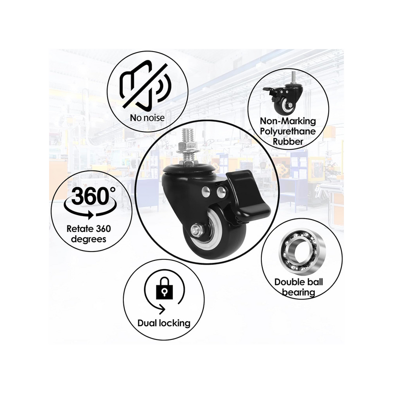 Heavy-Duty Swivel Casters with Threaded Stem -Double Locking Brake (4-Swivel Casters)
